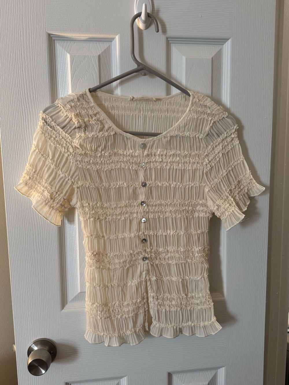 Cream Smocked Button-Front Two-Piece Set - Picture 2 of 4